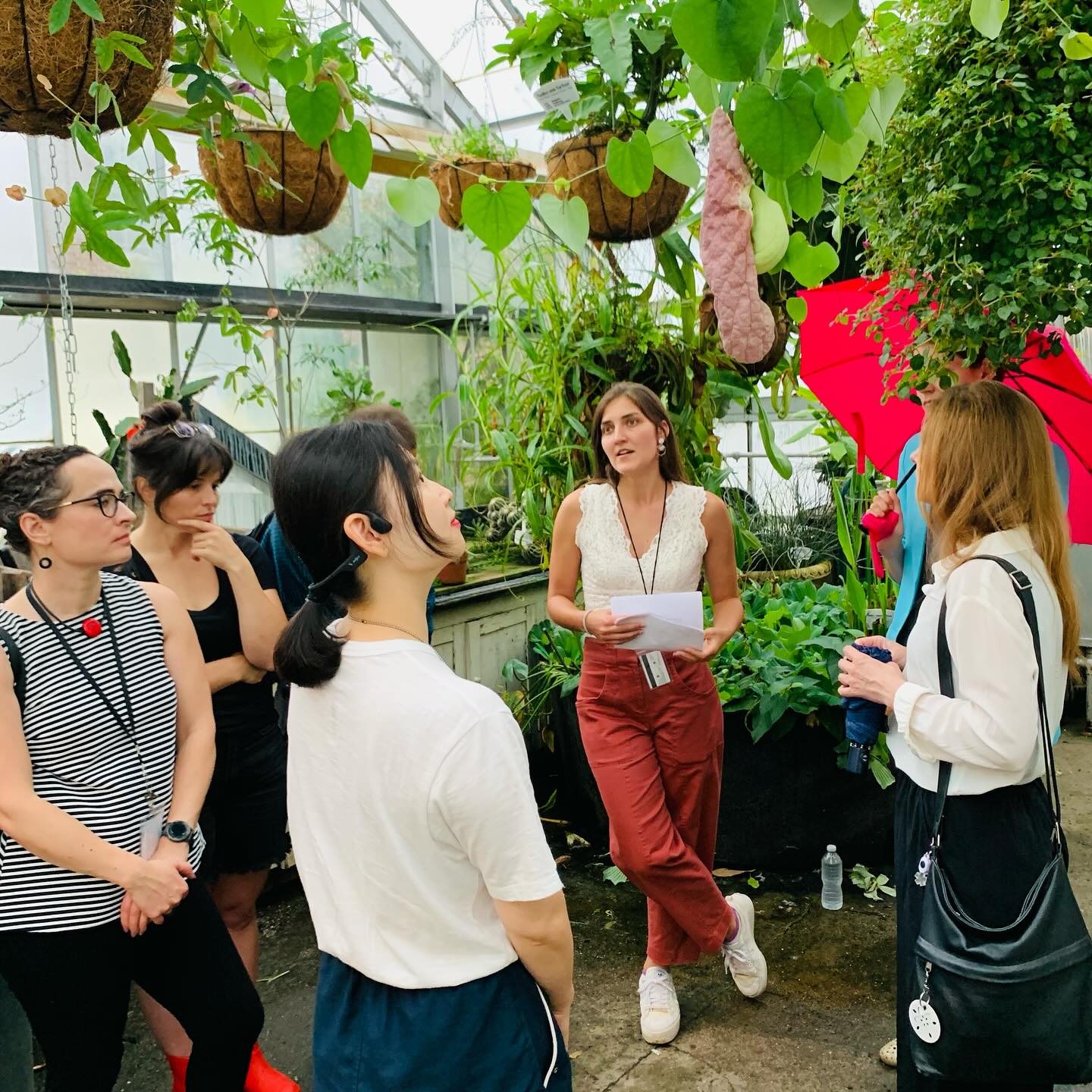 Tour guide teaching postdocs at the Marsh Botanical Garden tour