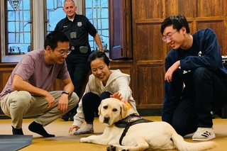 People petting Heidi, Yale's Therapy dog