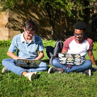 two students sitting on the grass looking at their laptops